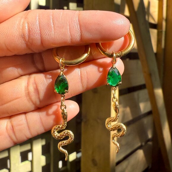 Gold Snake Cottagecore Green Tear Drop Earrings Huggie Hoop Serpent Fairycore - Picture 3 of 6